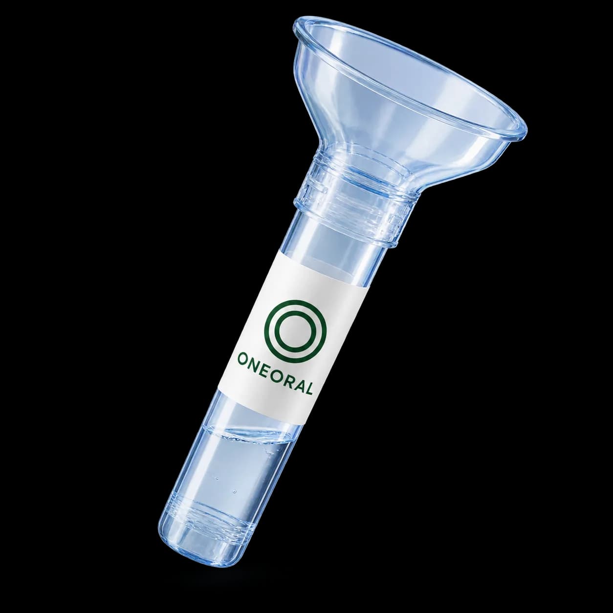 A clear saliva collection tube with a funnel