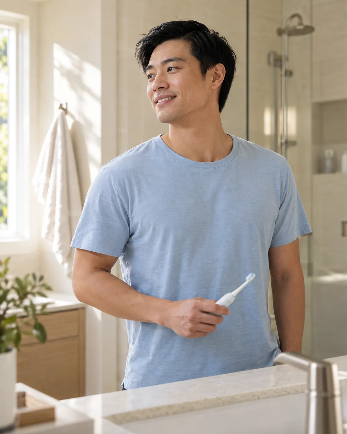 A smiling man in a pale blue shirt holding an electric toothbrush in a sunlit bathroom