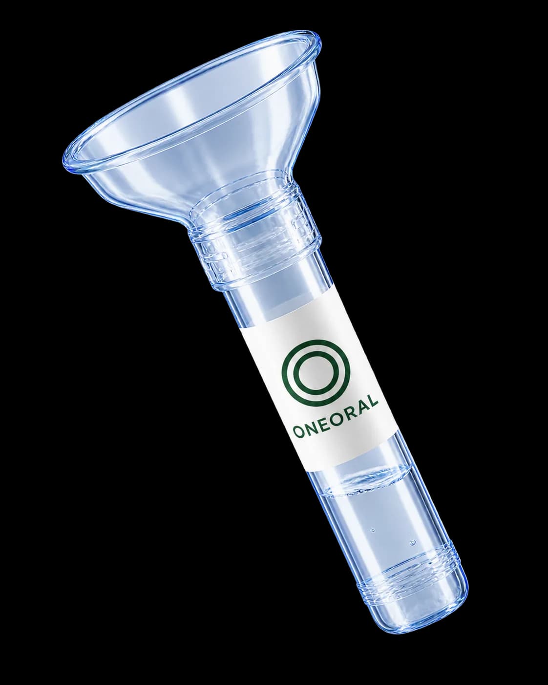 A transparent ONEORAL saliva collection tube with a wide funnel, angled from upper left to lower right